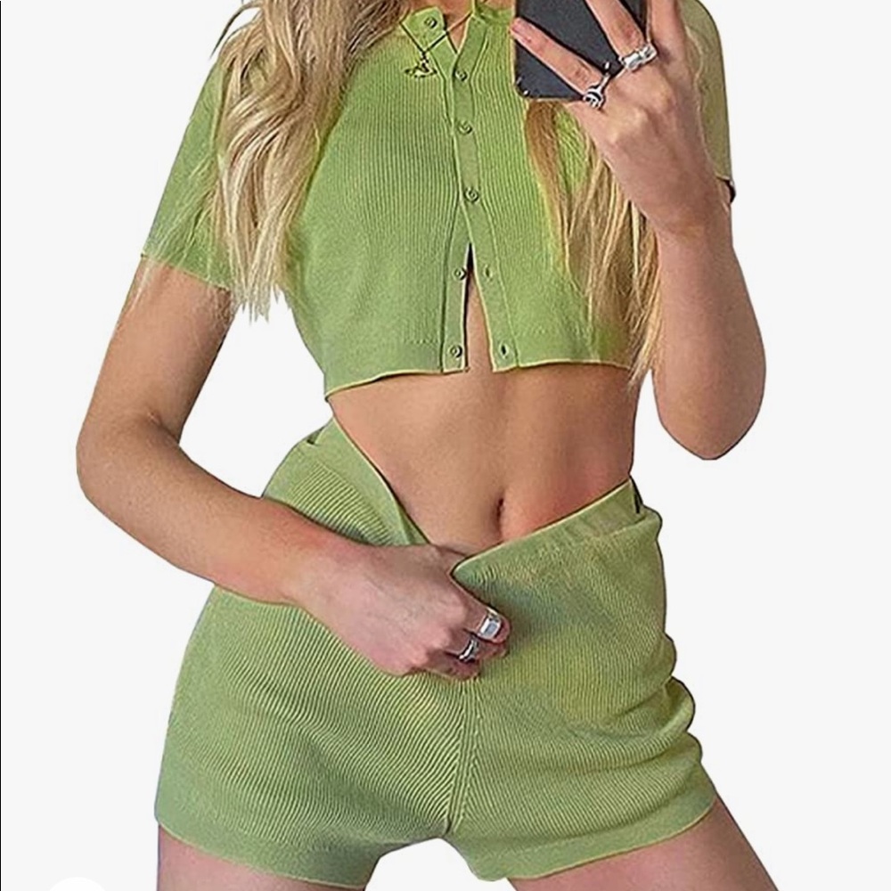 Y2K green ribbed two piece set